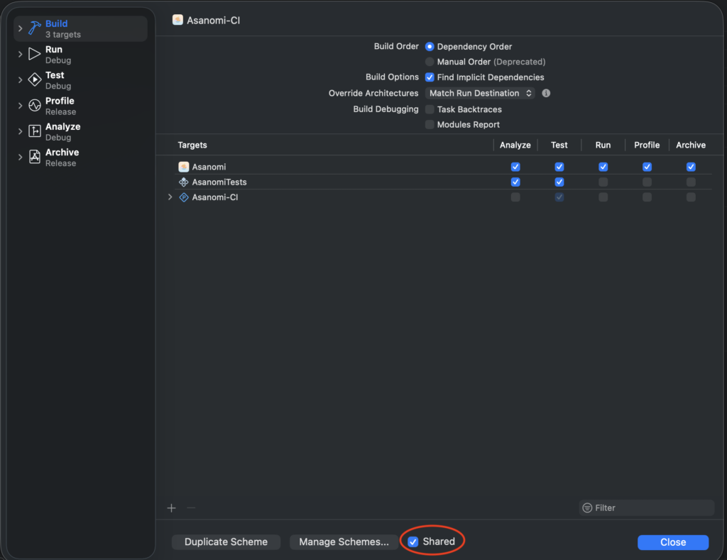 Xcodeのscheme設定でAsanomi-CIをSharedにし、Build対象とTest対象を確認している画面